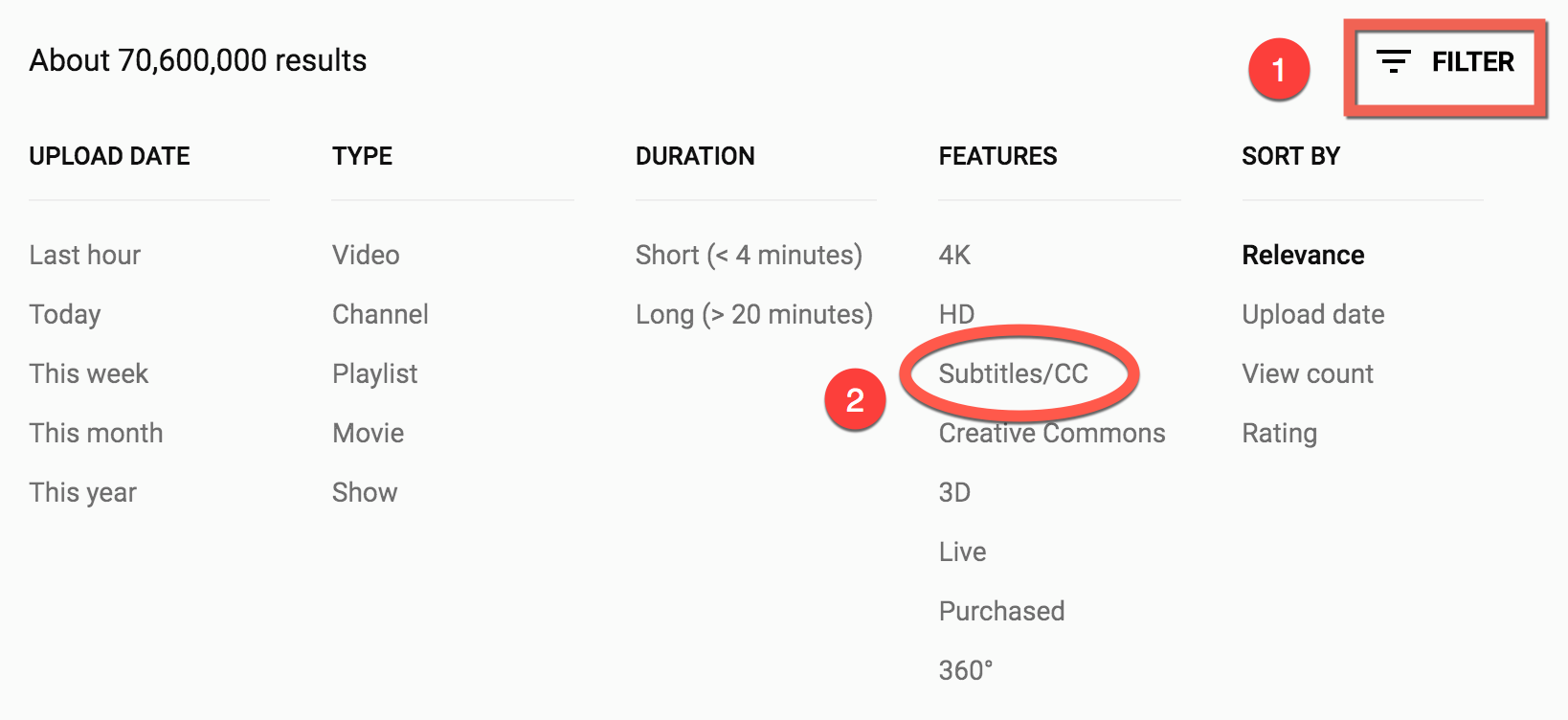 Screenshot showing the filter option and selecting Subtitles/CC from the list
