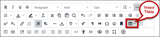 Insert table button on the New Text Editor Interface in Blackboard Ultra