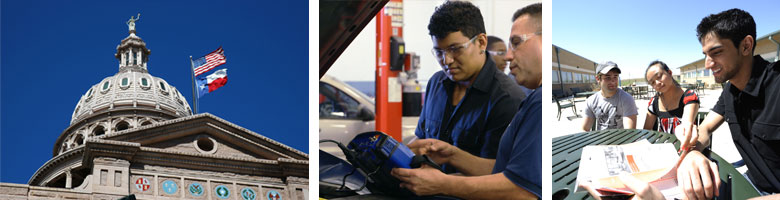 Photo of the Texas capital, students working on a car and students studing on campus