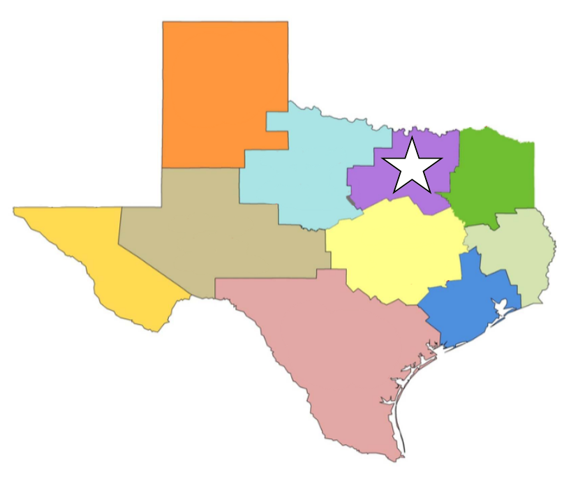Map of Texas showing the 10 higher education regions of the Texas Higher Education Coordinating Board. A star marks the Metroplex Region in Northeast Texas, including the Dallas-Fort Worth Metroplex.