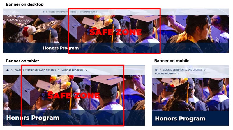 Graphic showing the same banner image on a desktop, tablet and mobile that also highlights how the banner is being cropped from iteration to iteration.