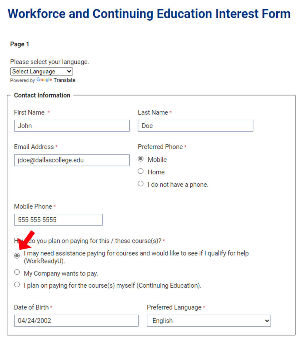 A screenshot of the interest form to indicate student will want to choose first option to the question how do you plan on paying for this/these course(s)?