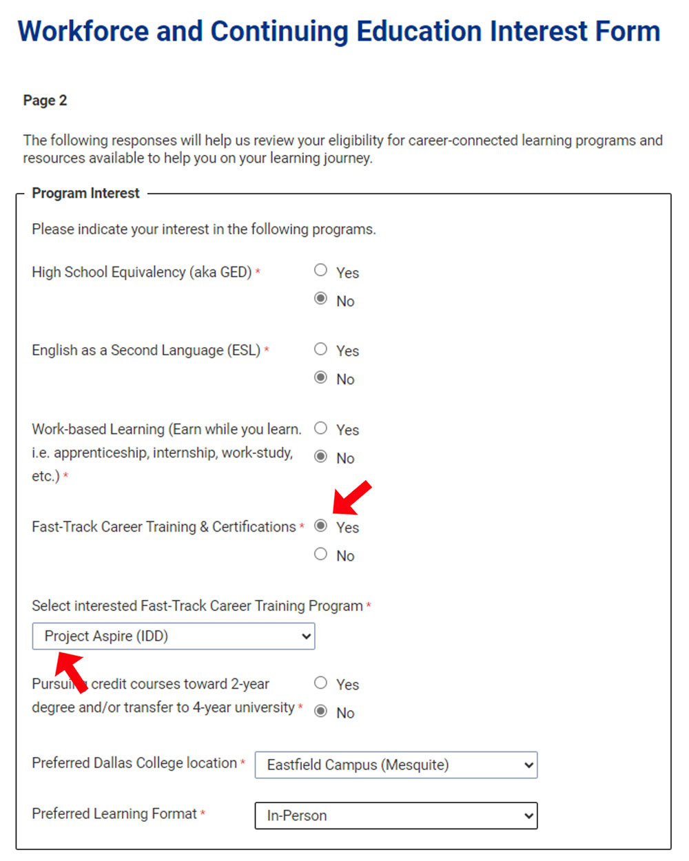 A screenshot of the interest form to indicate how to select Project Aspire which is by selecting yes for Fast-Track Career Training & Certifications.