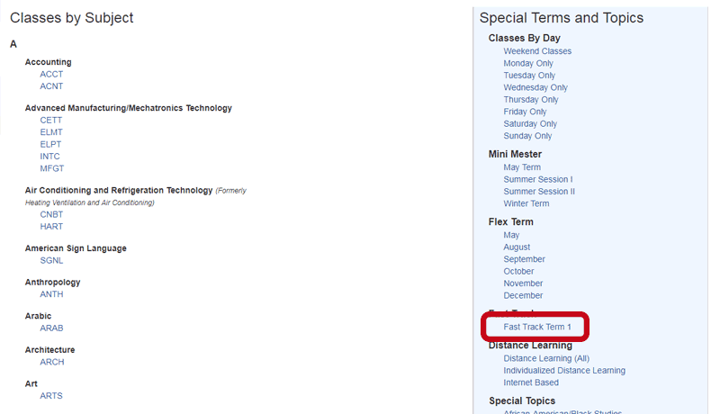 Screenshot of eConnect credit class schedule index page. Link for Fast Track Term 1 is marked in red in the right column under Special Terms and Topics.