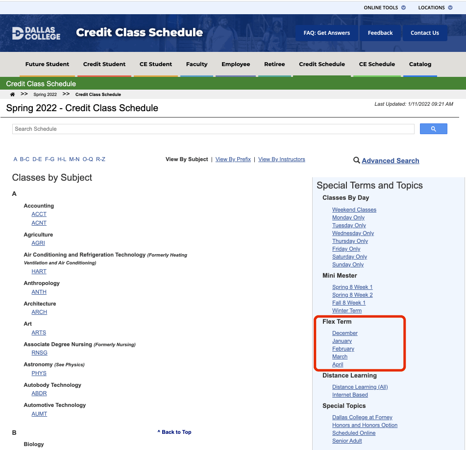 Screenshot of eConnect credit class schedule index page. Links for Flex Terms are marked in red in the right column under Special Terms and Topics.