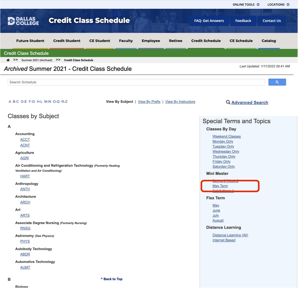 Screenshot of eConnect credit class schedule index page. Link for May Term is marked in red in the right column under Special Terms and Topics.
