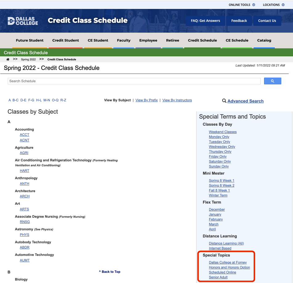 Screenshot of eConnect credit class schedule index page. Links for Special Topics are marked in red in the right column under Special Terms and Topics.