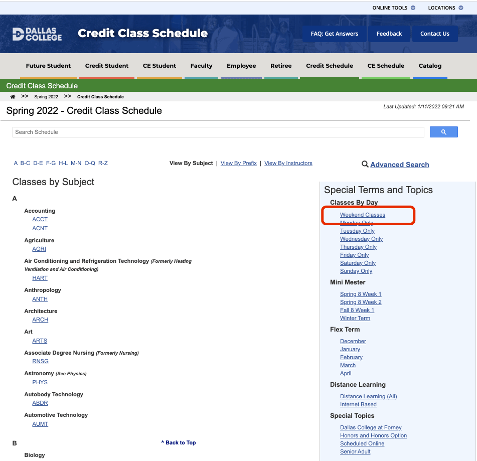 Screenshot of eConnect credit class schedule index page. Link for Weekend Classes is marked in red in the right column under Special Terms and Topics.