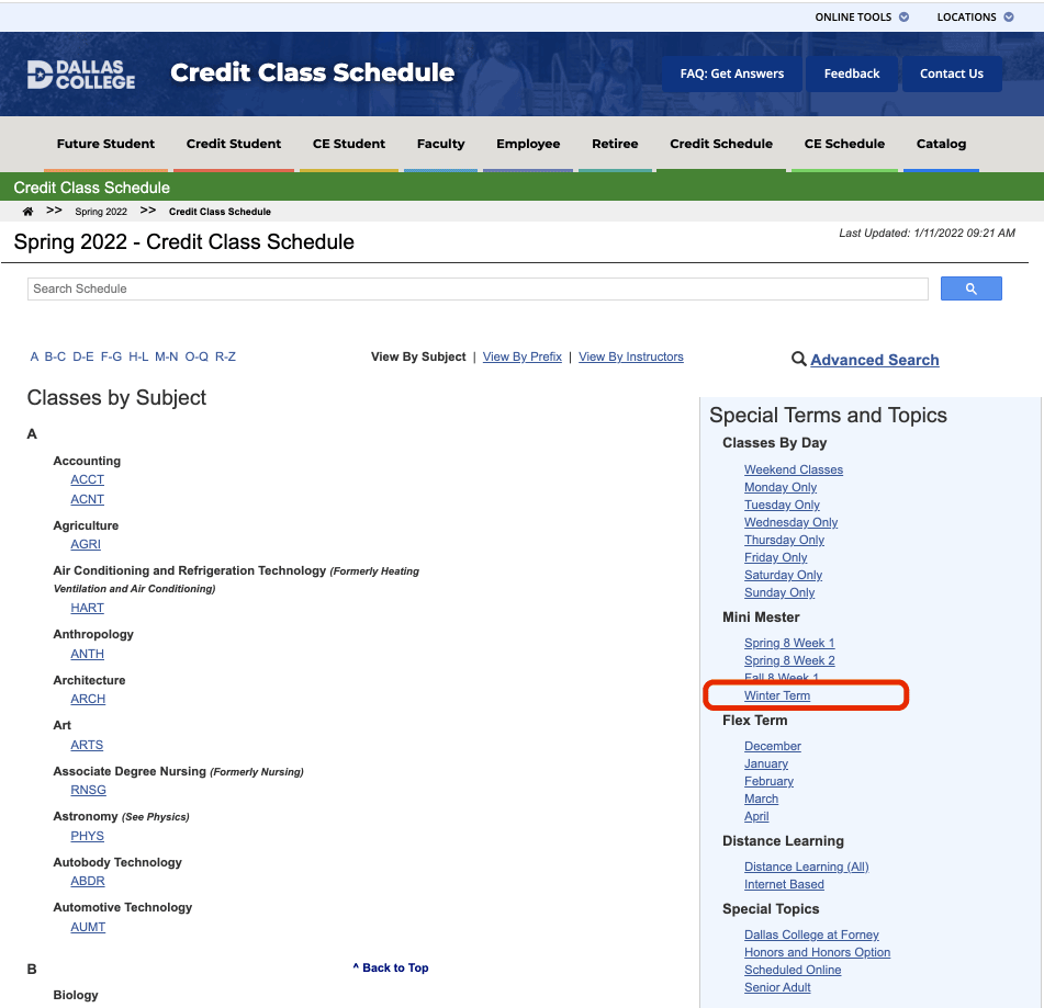 Screenshot of eConnect credit class schedule index page. Links for Winter Terms are marked in red in the right column under Mini Mester.