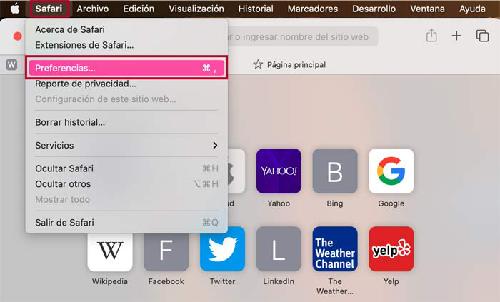 captura de pantalla del navegador Safari resaltando el menú Safari y la opción preferencias.