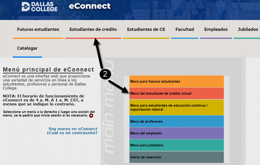 captura de pantalla de la página de inicio de eConnect resaltando el menú del estudiante de crédito actual.