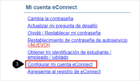 captura de pantalla de la sección mi cuenta eConnect del menú del estudiante de crédito actual resaltando configurar mi cuenta eConnect.