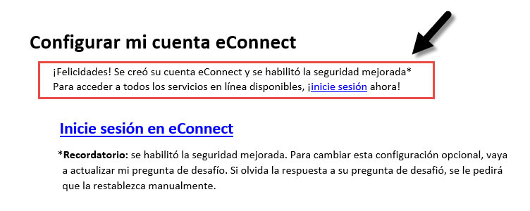 captura de pantalla de la página configurar mi cuenta eConnect resaltando la confirmación de la configuración de la cuenta.