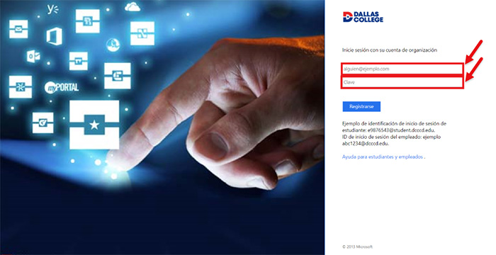 Captura de pantalla de la página de inicio de sesión de la cuenta de Dallas College. Se resaltan los campos de email y contraseña.