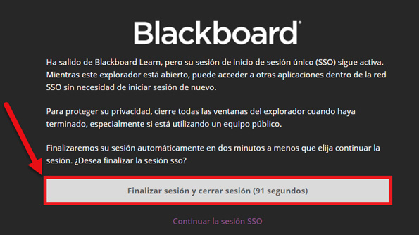 Captura de la pantalla de cierre de sesión de Blackboard resaltado el botón de finalizar sesión y cerrar sesión.