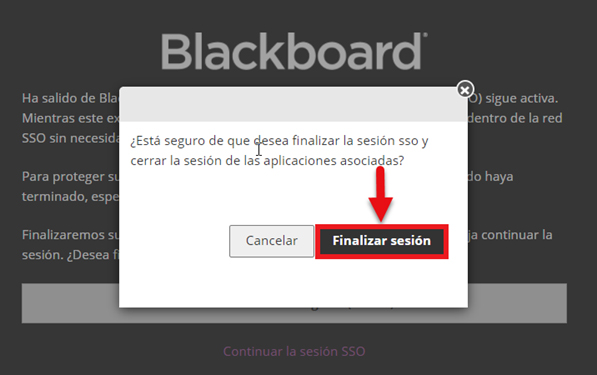 Captura de pantalla de la confirmación de finalizar sesión de Blackboard. Se resalta el botón finalizar sesión.