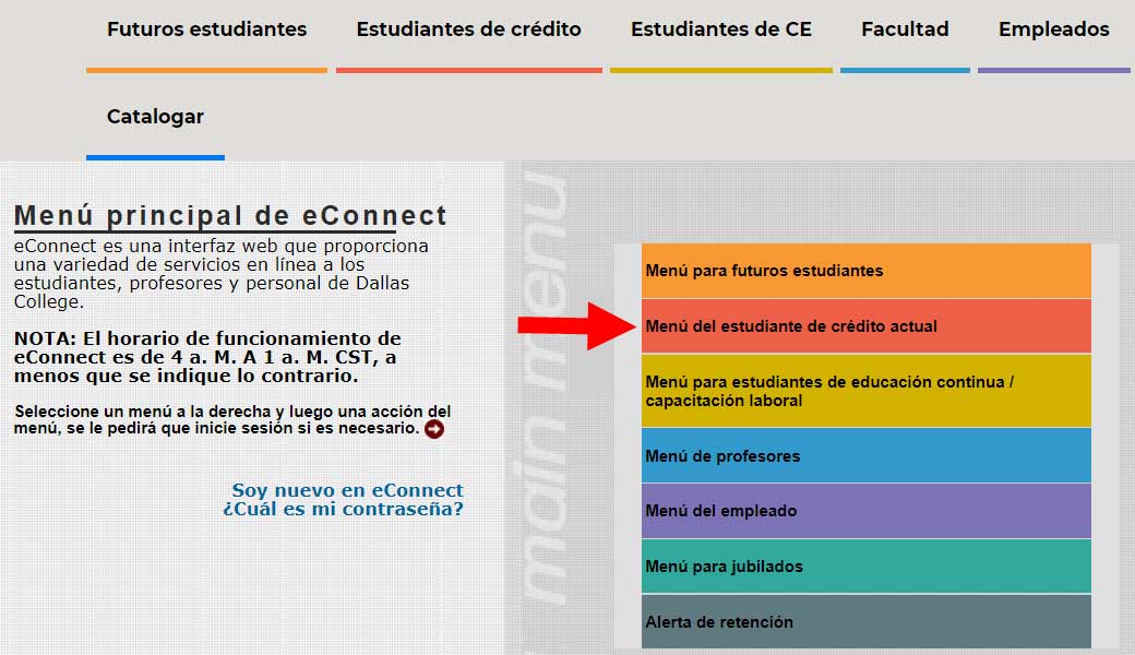 Captura de pantalla de la página de inicio de eConnect con la flecha apuntada al Menú del estudiante de crédito actual.
