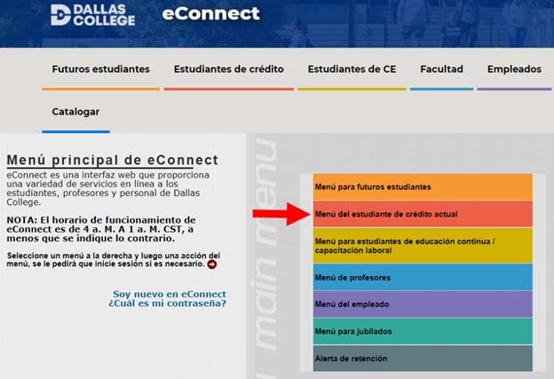 Captura de pantalla de la página de inicio de eConnect resaltando el Menú del estudiante de crédito actual.