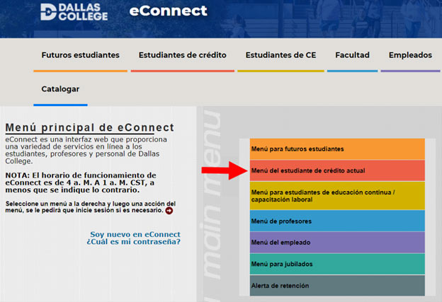 Captura de pantalla de la página de eConnect resaltando el Menú del estudiantes de crédito actual.