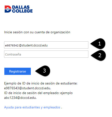 Captura de pantalla de la página de inicio de sesión de Outlook con el proceso ordenado: 1) Ingrese el ID de inicio de sesión del estudiante, 2) Ingrese la contraseña de Dallas College y 3) Haga clic en Iniciar sesión.