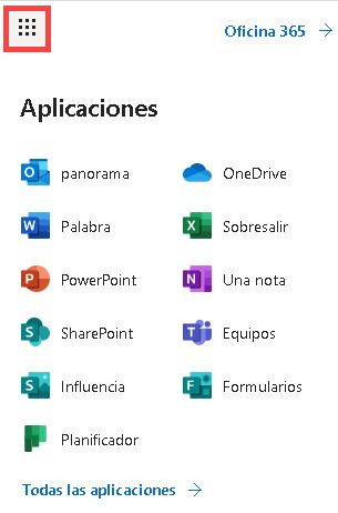 Captura de pantalla de la ventana del iniciador de aplicaciones de Office 365 con una lista de aplicaciones