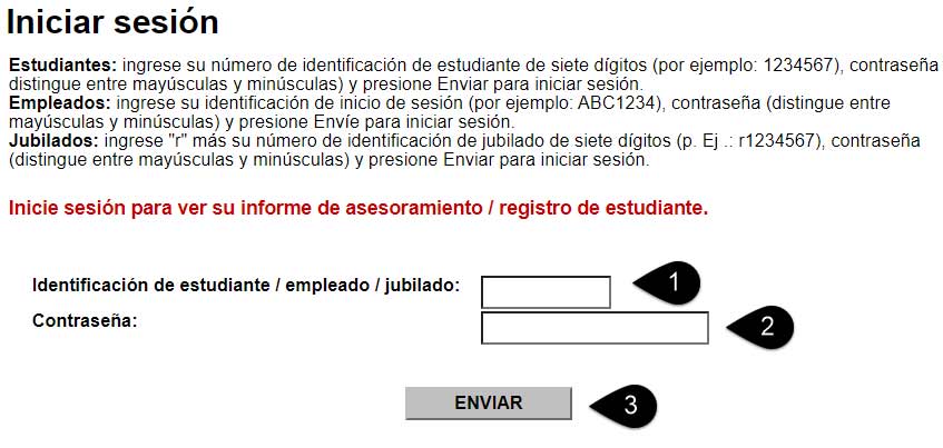 captura de pantalla de la pantalla de inicio de sesión que se muestra con los pasos numerados: 1. ID de estudiante 2. Contraseña 3. Botón enviar.