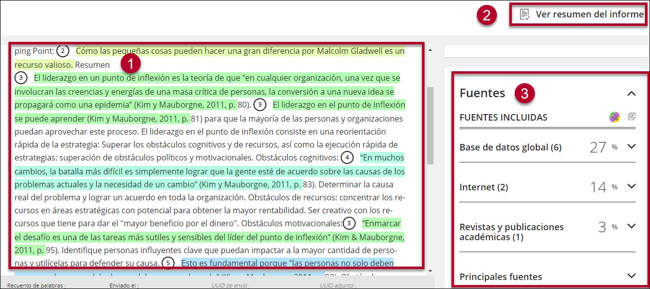 Captura de pantalla del informe de originalidad resaltando las tres secciones con cuadros alrededor: 1. documento presentado, 2. resumen del informe, 3. citación.