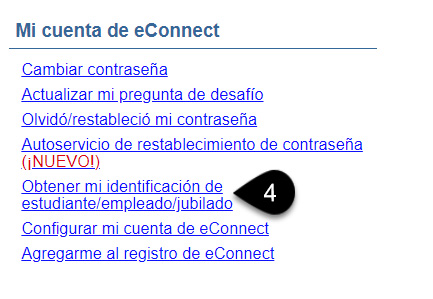 Captura de pantalla de el menú de estudiantes de crédito actual en eConnect. Se resalta el enlace de Obtener mi identificación de estudiante/empleado/jubilado.