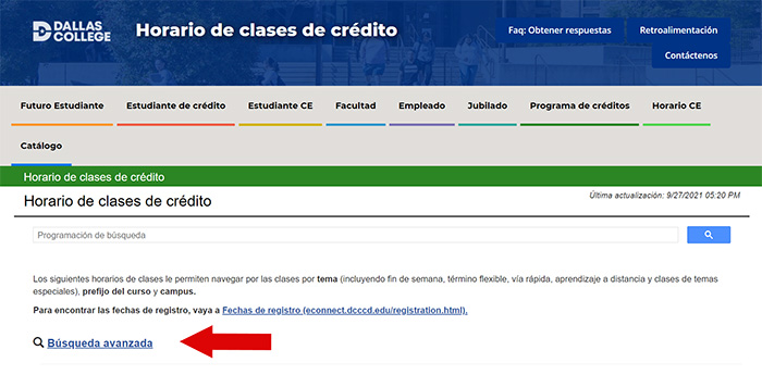 Alt text changes to: Captura de pantalla de la página Horario de clases de crédito resaltando con una flecha el enlace Búsqueda 