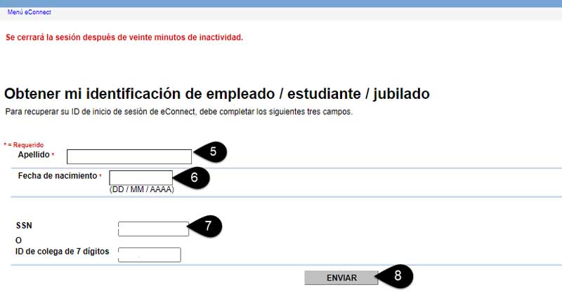 Captura de pantalla del formulario de solicitud en línea Get My Student/Employee/Retiree ID. Se resaltan los campos Apellido, Fecha de nacimiento y SSN (número de seguro social). El botón Enviar también se resalta.