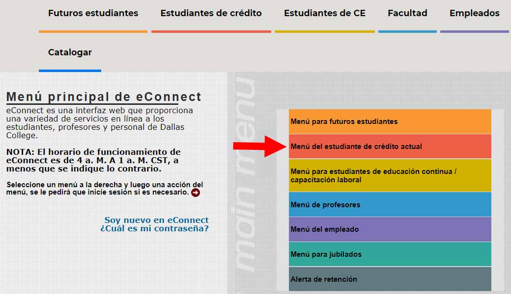 Captura de pantalla de la página de inicio de eConnect resaltando el Menú de estudiante de crédito actual.