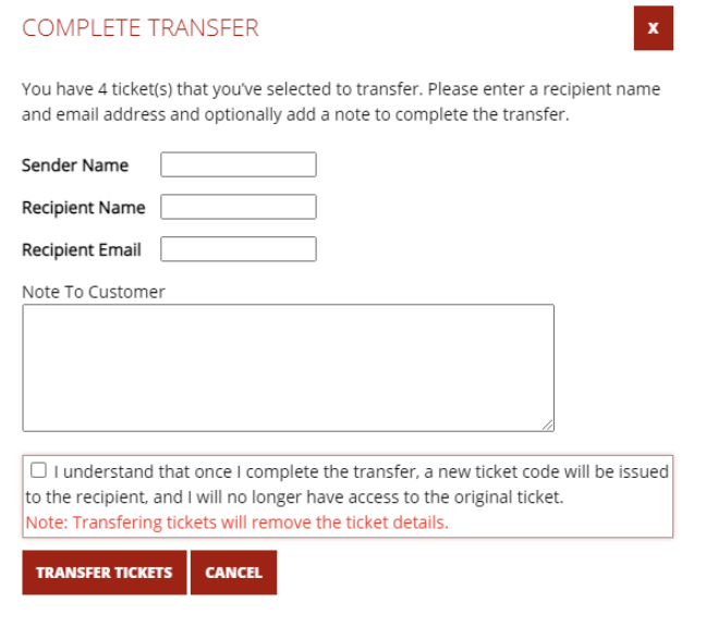 a screenshot of a form with the fields: sender name, recipient name, recipient email and note to customer
