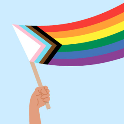 An illustration of the progress pride flag in the sky that celebrates Pride Month in support of the strengths and contributions of the LGBTQ+ community.