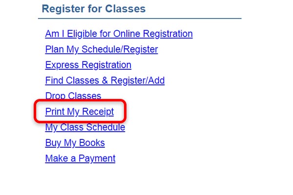 Screenshot from eConnect highlighting the Register for Classes Menu