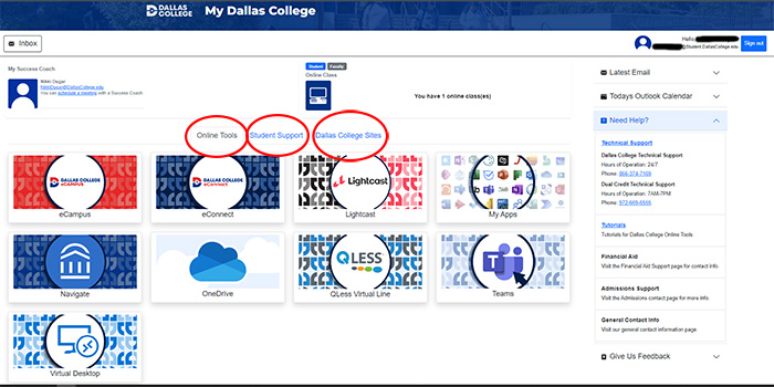 mydallascollege.edu screenshot of student support services
