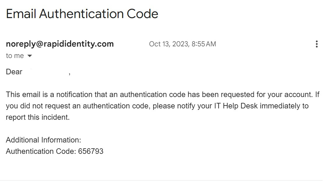 screenshot of email authentication code email