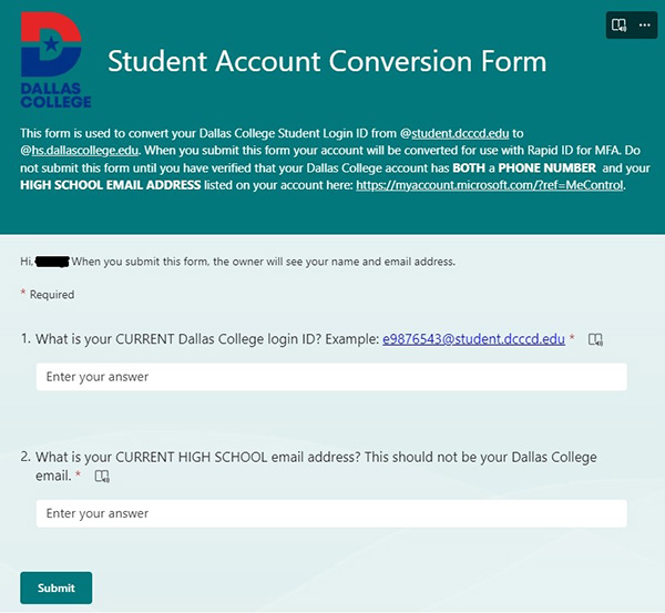 screenshot of student account conversion form