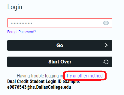 screenshot of login screen with try another method circled in red