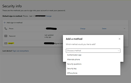 screenshot of Security Info screen with method of contact menu.