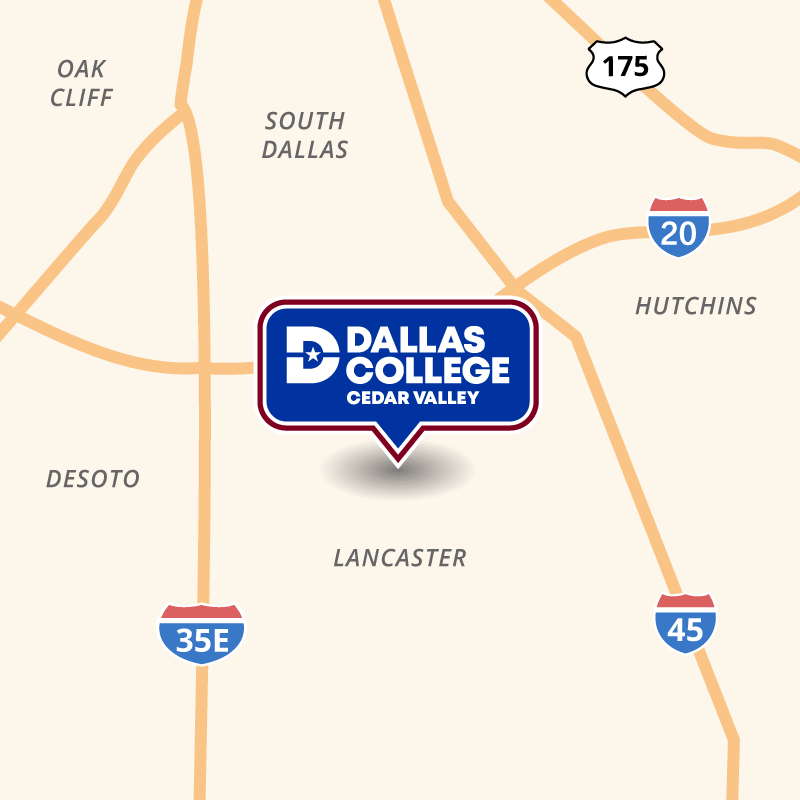 Map showing the location of Cedar Valley Campus in Lancaster near LBJ and N. Dallas Avenue