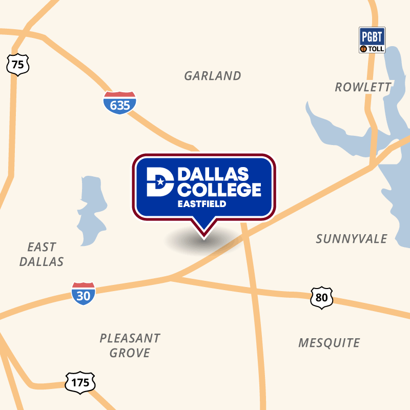 Map showing the location of Eastfield Campus in Dallas near RL Thornton Freeway and Motley Drive