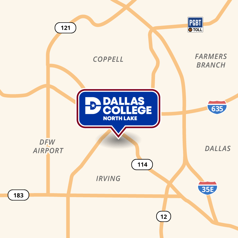 Map showing the location of North Lake Campus in Irving near John W. Carpenter Fwy and Walnut Hill Lane