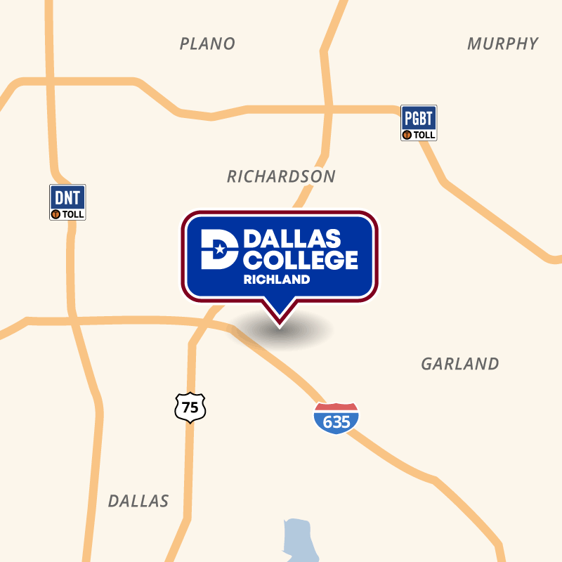 Map showing the location of Richland Campus in North Dallas near LBJ and Abrams Road
