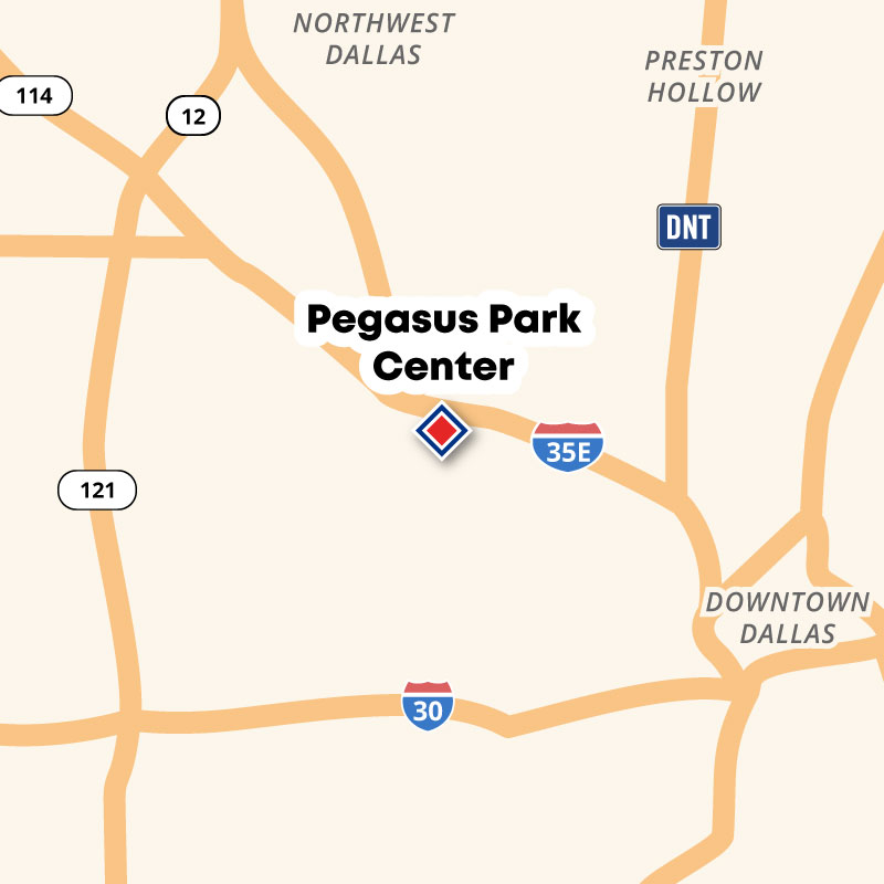 Map showing the location of Pegasus Park Center near 35E and Inwood Rd.