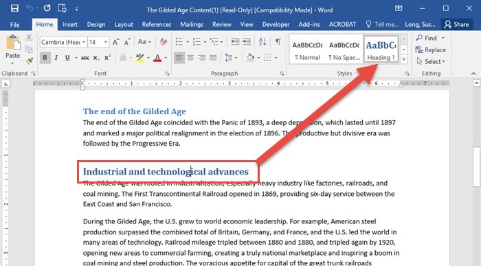Example Heading in Microsoft Word