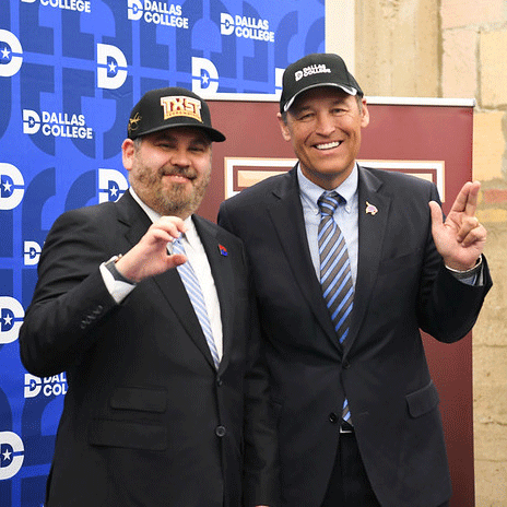 Dallas College Chancellor Justin Lonon and TXST President Kelly Damphousse
