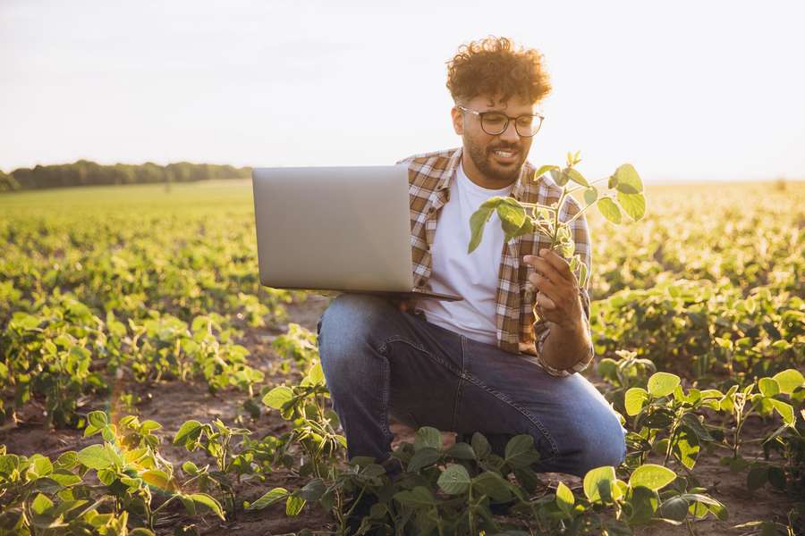 man bending down in a field holding a plant in one hand and a laptop in the other