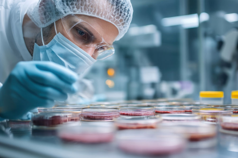A scientist in a lab coat and protective gear, examining petri dishes with bacteria samples in a laboratory setting.