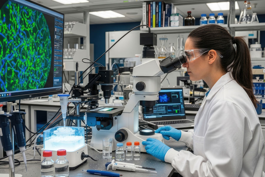 A scientist in a lab coat and gloves examines samples under a microscope, with a detailed biological image displayed on a large monitor in a modern laboratory.