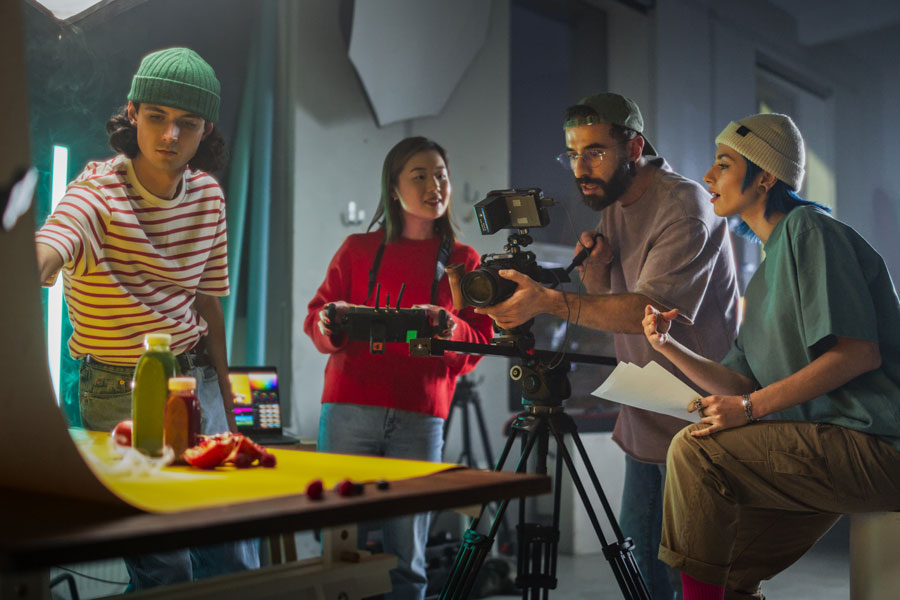 Diverse Young Filmmakers Collaborate On A Vibrant Set, Focusing On A Camera Setup While Discussing Scene Details, Reflecting Creativity And Teamwork In Modern Videography And Advertising Production.